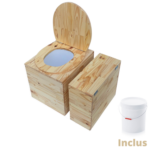 Toilette sèche compacte en bois massif avec compartiment copeaux indépendant - Seau plastique