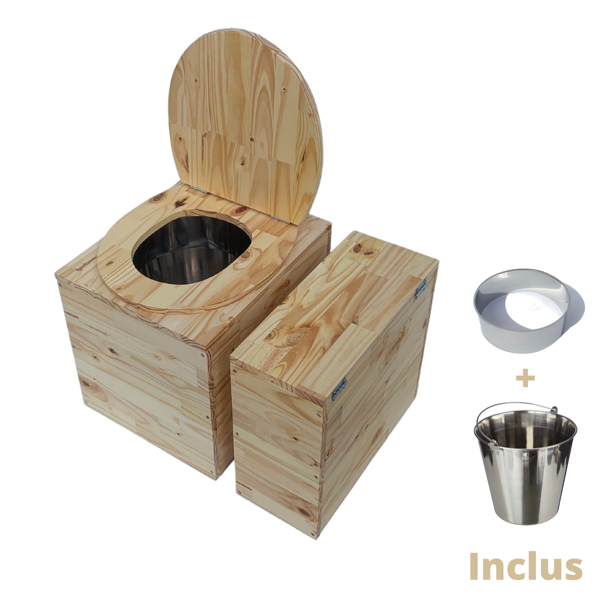 Toilette sèche compacte en bois massif - Seau plastique + bavette inox