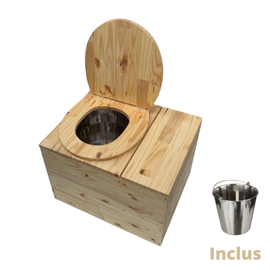 Toilette sèche en bois massif avec compartiment copeaux intégré - Seau inox