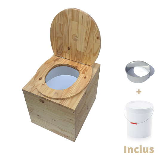 Toilette sèche compacte en bois massif - Seau plastique + bavette inox