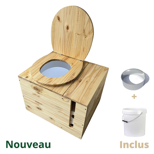 Toilette sèche en bois massif avec compartiment copeaux et papier toilette intégré - Seau plastique + bavette inox