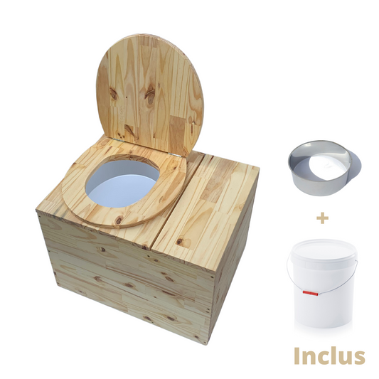 Toilette sèche en bois massif avec compartiment copeaux intégré - Seau plastique + bavette inox