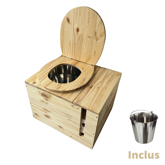 Toilette sèche en bois massif avec compartiment copeaux et papier toilette intégré - Seau inox