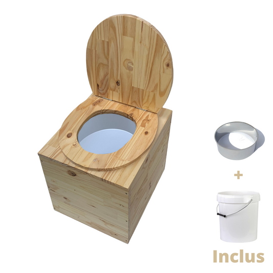 Toilette sèche compacte en bois massif - Seau plastique + bavette inox