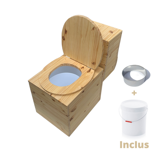 Toilette sèche en bois massif avec compartiment copeaux à l’arrière - Seau plastique + bavette inox