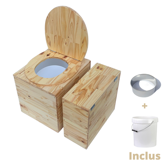 Toilette sèche compacte en bois massif avec compartiment copeaux indépendant - Seau plastique + bavette inox