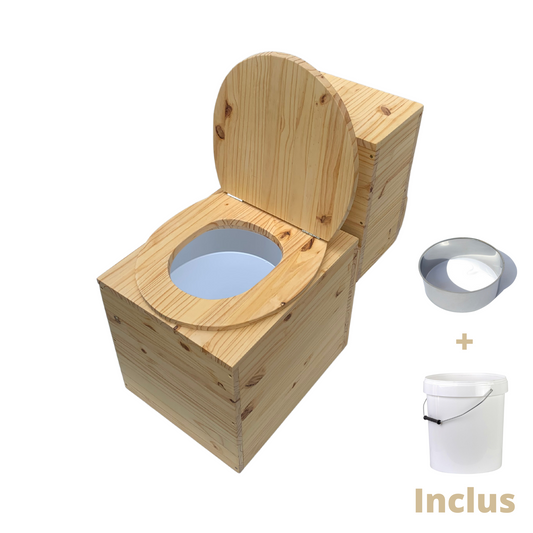 Toilette sèche en bois massif avec compartiment copeaux à l’arrière - Seau plastique + bavette inox