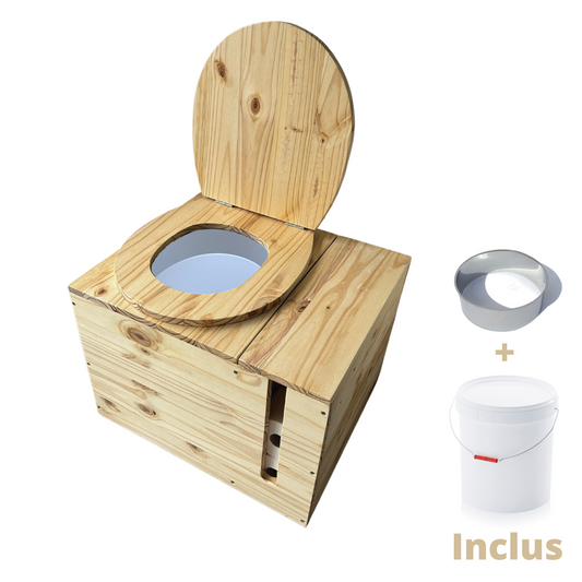 Toilette sèche en bois massif avec compartiment copeaux et papier toilette intégré - Seau plastique + bavette inox