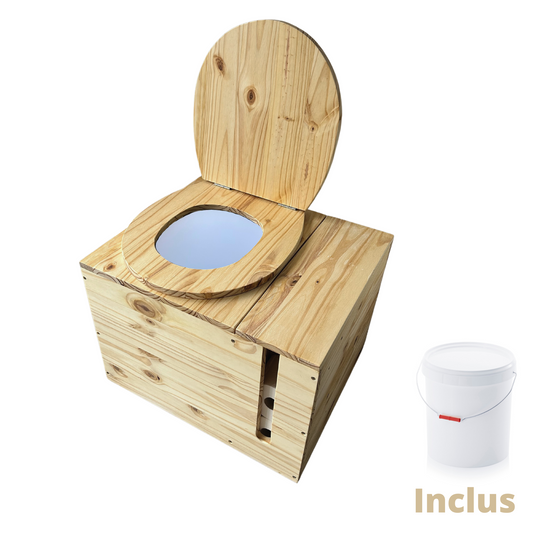 Toilette sèche en bois massif avec compartiment copeaux et papier toilette intégré - Seau plastique