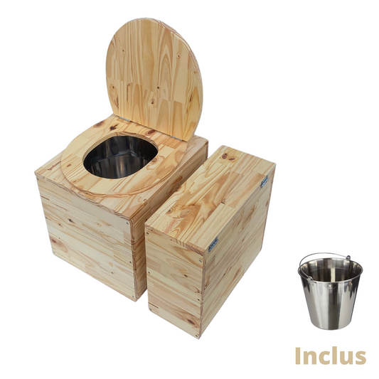 Toilette sèche compacte en bois massif avec compartiment copeaux indépendant - Seau inox