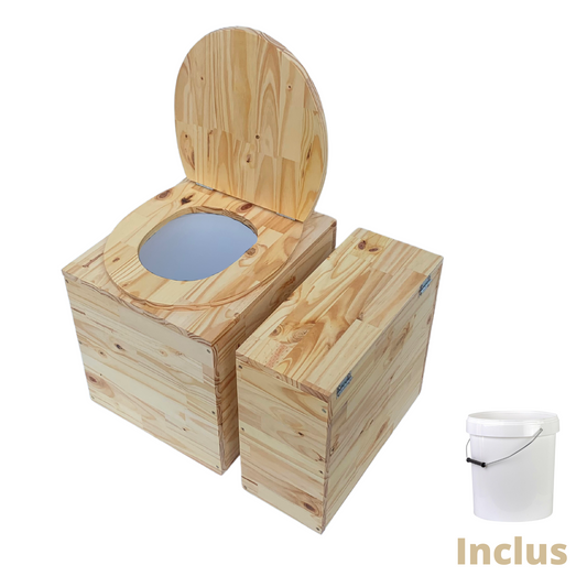 Toilette sèche compacte en bois massif avec compartiment copeaux indépendant - Seau plastique