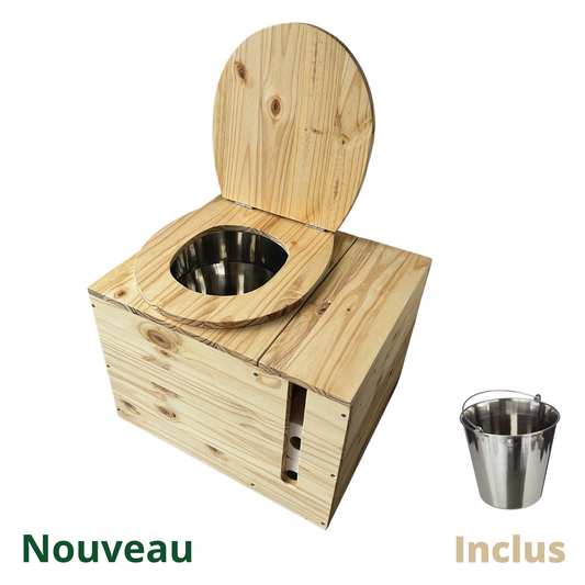 Toilette sèche en bois massif avec compartiment copeaux et papier toilette intégré - Seau inox