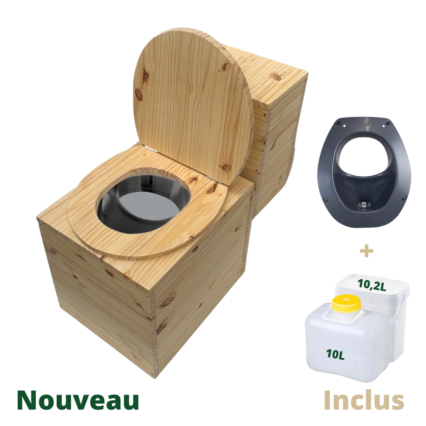 Toilette sèche en bois massif avec compartiment copeaux à l'arrière - Séparateur d'urine