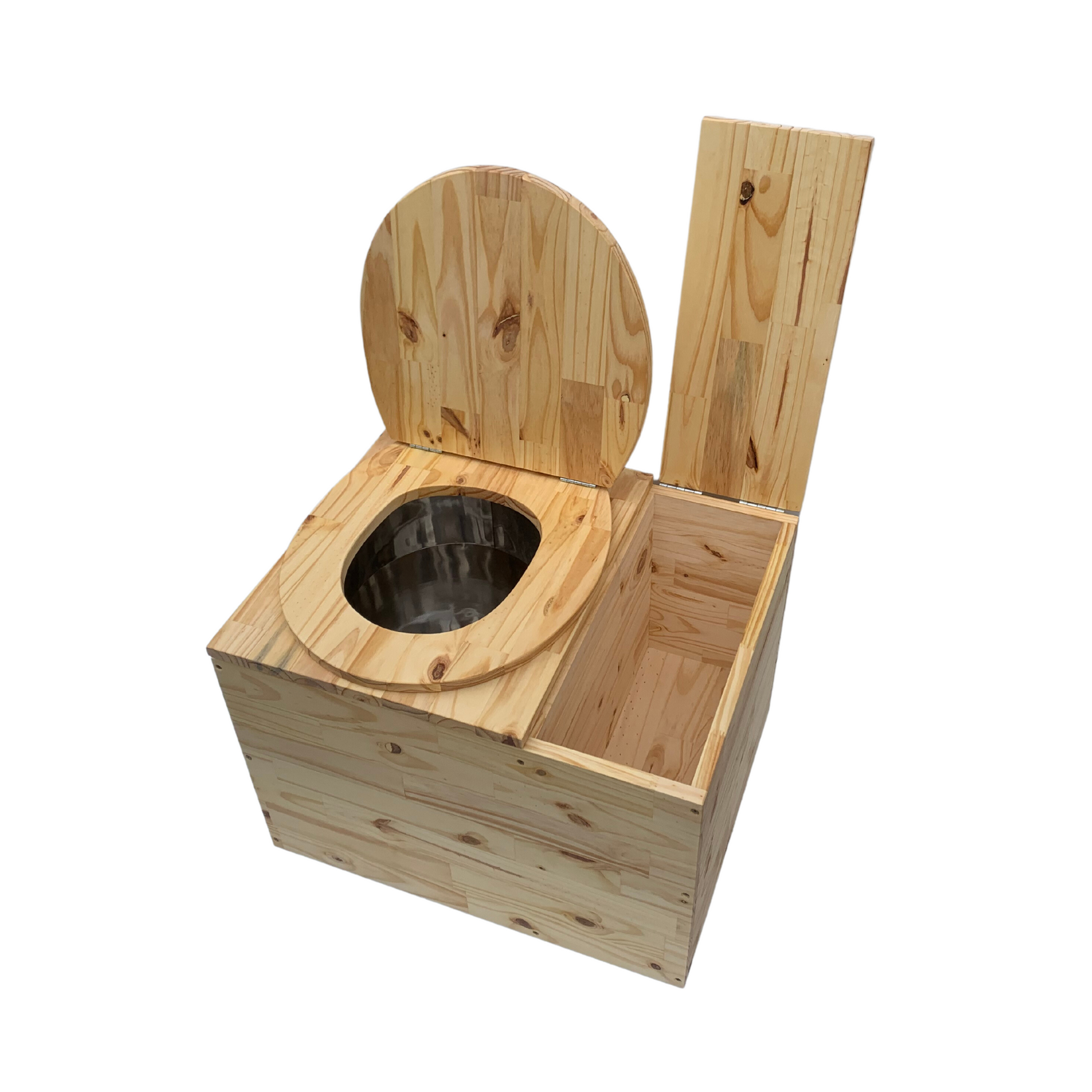 Toilette sèche en bois massif avec compartiment copeaux intégré